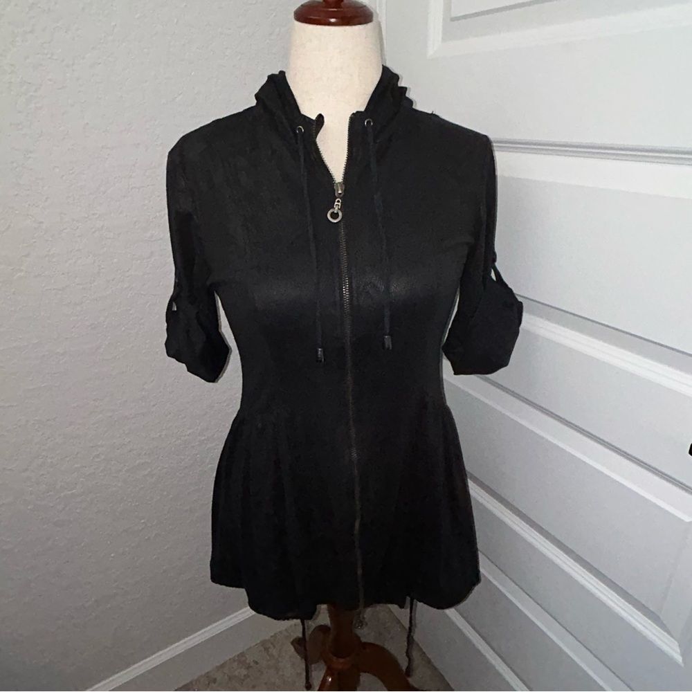 Miilla Suede Like Zipper Front Hood Anorak Drawstring Peplum Jacket